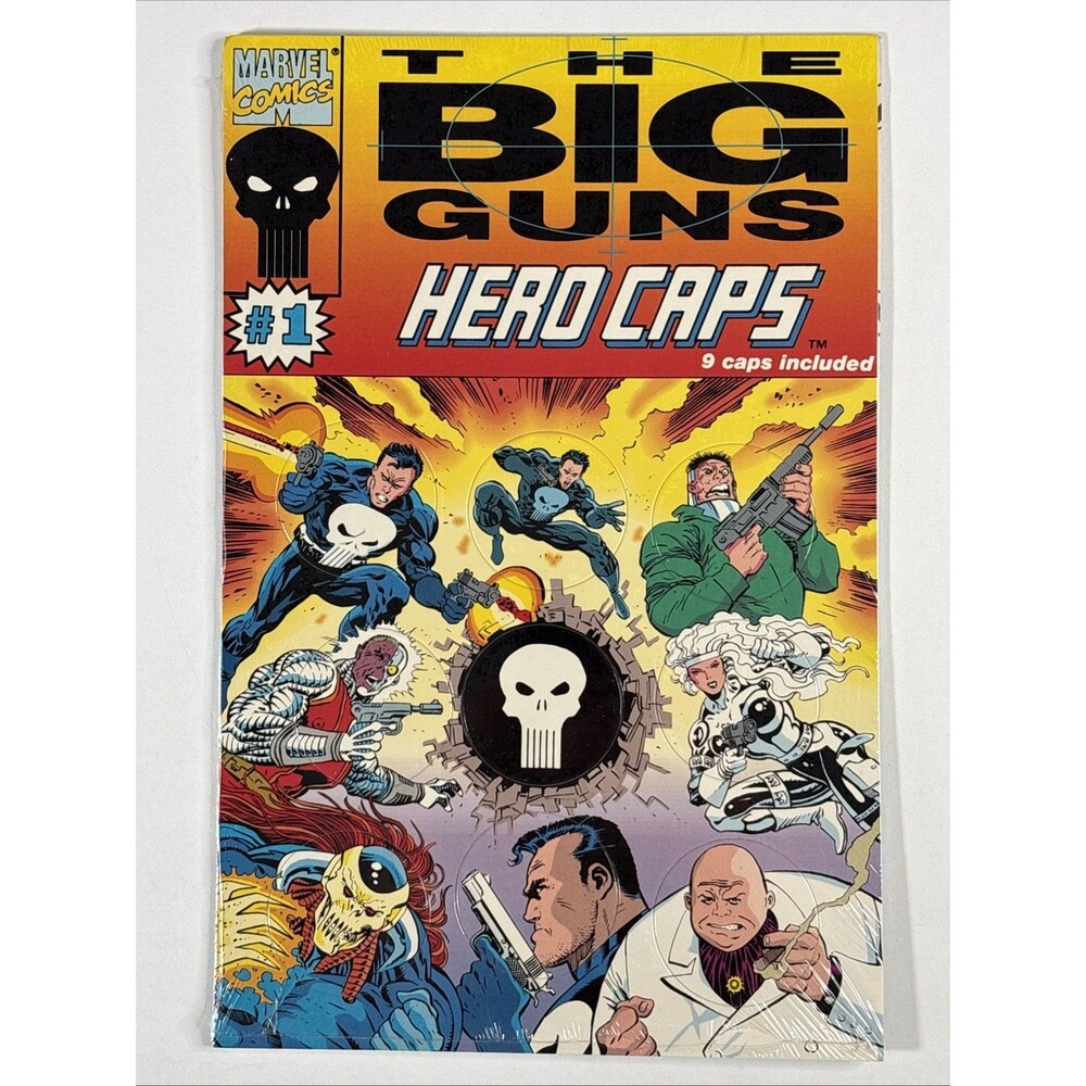 Big Guns Hero Caps • NEW / Sealed (Marvel Comics 1993) • Punisher, Jigsaw, POGS